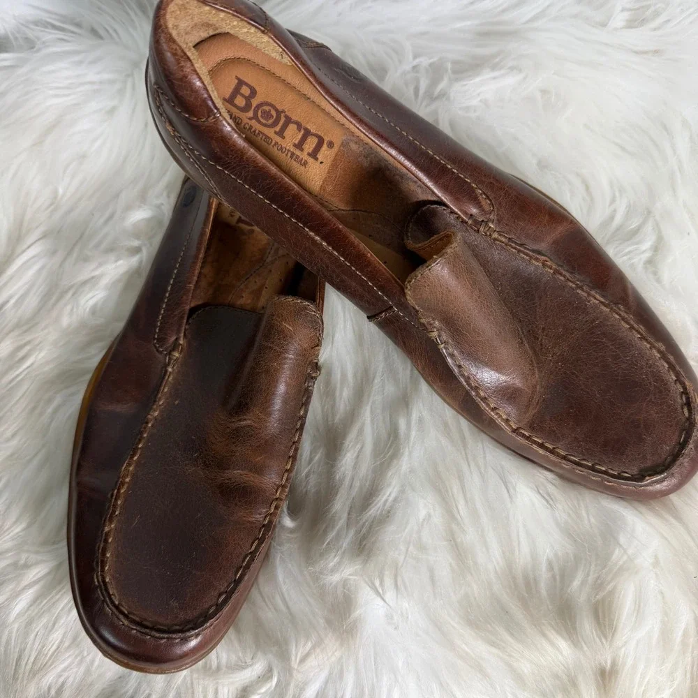 Born Mens Brown Leather Slip On Driving Loafers Moc‎ Toe Shoes H30910 Size 11M